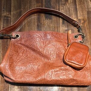Embossed Leather Shoulder Bag with Coin Pouch - Brown